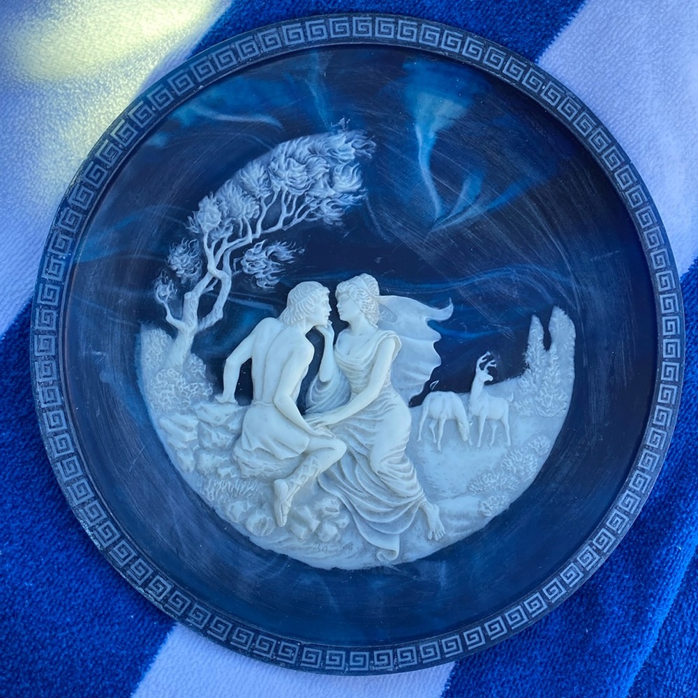 Solid Lapis-Blue Incolay Cameo Stone Plate Voyage of Ulysses Isle of Circe VTG